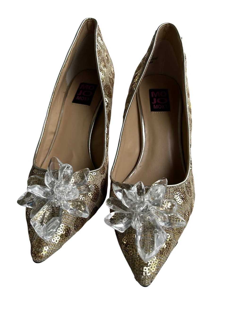Mojo Moxy Gold Sequin Pointed Toe Heels with Crystal Flower Accent Size 8